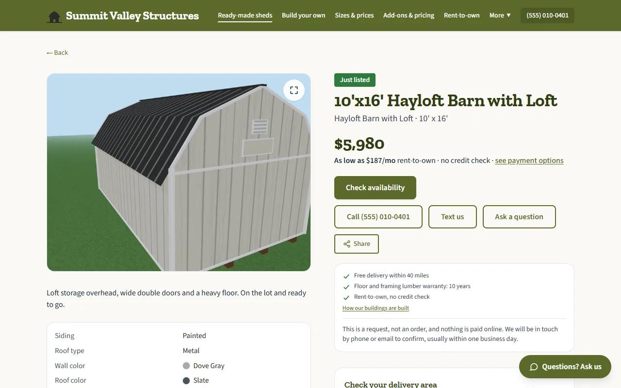 A building’s page on a dealer site: a 10 by 16 hayloft barn with its photo, price, rent-to-own estimate and buttons to call, text or check availability.