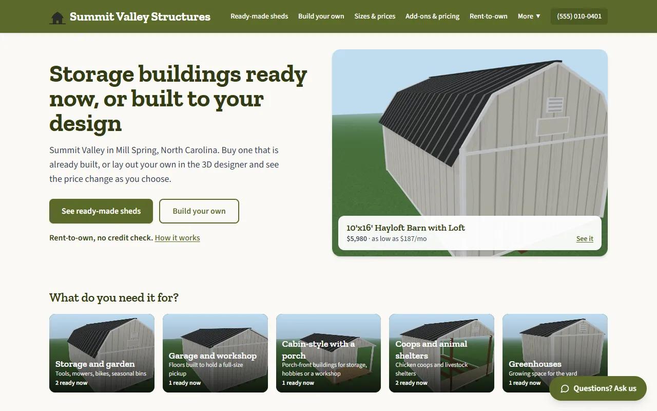 A dealer’s home page: storage buildings ready now or built to your design, with a featured barn and its price.